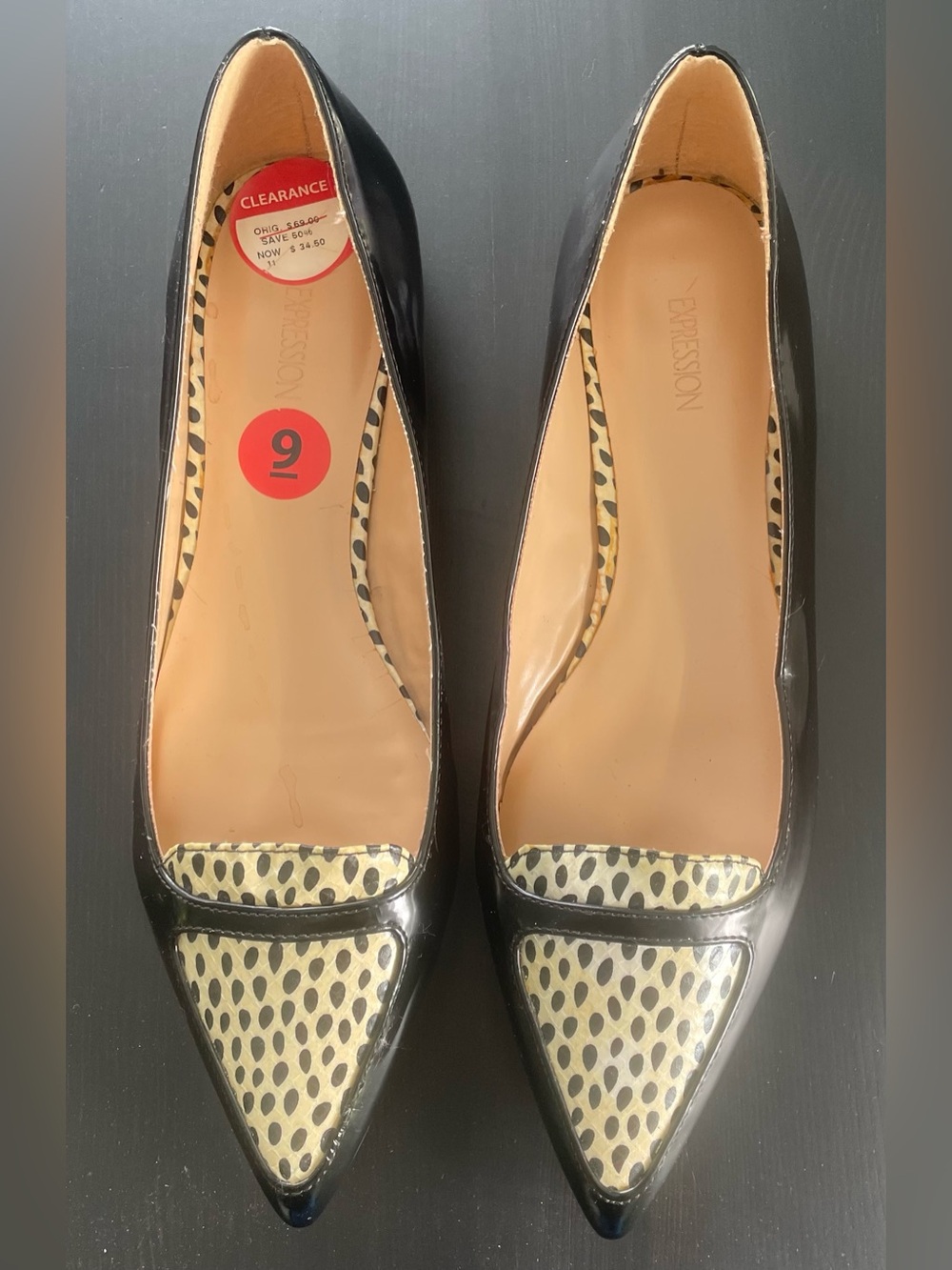 Expressions Black Patent Pointed-Toe Flats with Leopard Trim